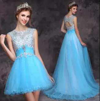 Beading Turquoise Zipper Sleeveless Sweep Train Prom Dress