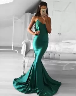 Unique Green Mermaid Satin Spaghetti Straps Sleeveless Ruching Lace Up Evening Gowns Sweep Train