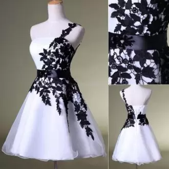 Sweet White and Black One Shoulder Lace Up Appliques and Belt Homecoming Gowns Sleeveless