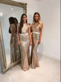 Sparkly Gold Sequined Mermaid Long Prom Dress with Silver Belt
