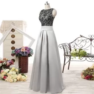 Sleeveless Satin Floor Length Zipper Homecoming Party Dress in Silver with Lace