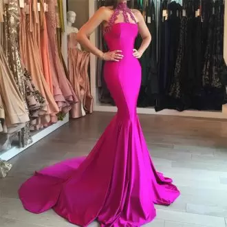 Glittering Sweetheart Sleeveless Sweep Train Lace Up Homecoming Dress Hot Pink Satin Beading and Lace