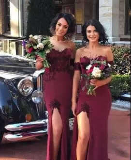 Stylish Sleeveless Satin Floor Length Homecoming Gowns in Burgundy with Lace and Appliques