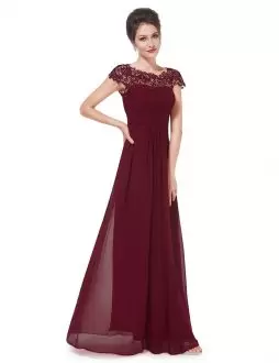 Burgundy Empire Chiffon Scoop Cap Sleeves Lace Floor Length Prom Dresses