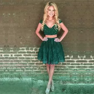 Dark Green Two Pieces V-neck Cap Sleeves Lace Mini Length Beading Junior Homecoming Dress