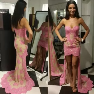 Classical Sweetheart Sleeveless Sweep Train Zipper Prom Gown Pink and Multi-color Lace and Appliques