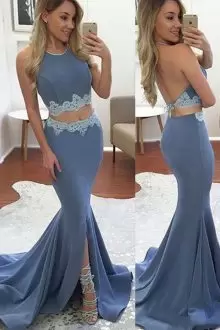 Appliques Evening Dress Blue Backless Sleeveless With Brush Train