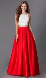 Pretty Floor Length Red and White And Red Satin Sleeveless Lace