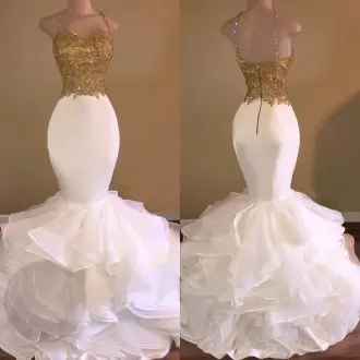 Halter Top Backless Evening Dresses White and Gold Mermaid Organza Beading and Appliques