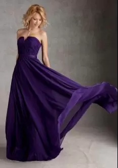 Traditional Purple Empire Strapless Sleeveless Chiffon Floor Length Zipper Ruching Prom Homecoming Dress