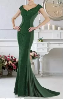 Green Dress for Prom Prom and Party and Military Ball with Lace V-neck Sleeveless Sweep Train Zipper