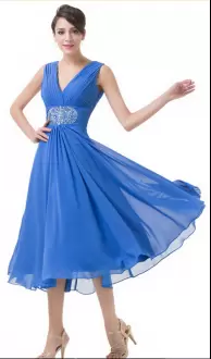 Blue Zipper V-neck Beading Prom Evening Gown Chiffon Sleeveless