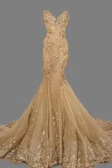 Sweet Beading and Appliques Prom Evening Gown Champagne Sleeveless Floor Length