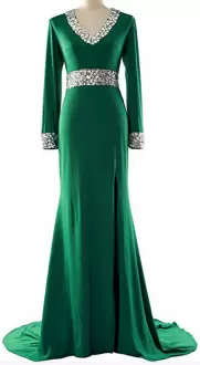 Dazzling Green Zipper Hoco Dress Long Sleeves Floor Length Brush Train Beading