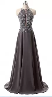Romantic Beading Prom Dresses Brown Lace Up Sleeveless Sweep Train