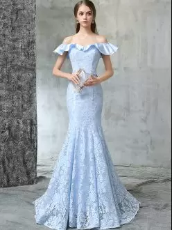 Charming Floor Length Lace Up Prom Dress Light Blue for Prom and Party with Lace and Appliques and Belt