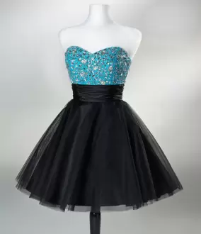 Sleeveless Mini Length Beading Lace Up Prom Homecoming Dress with Blue And Black