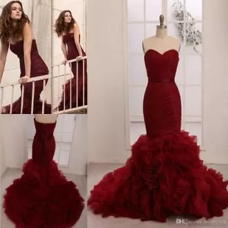 On Sale Sweetheart Sleeveless Sweep Train Lace Up Homecoming Dress Online Red Organza Beading and Lace