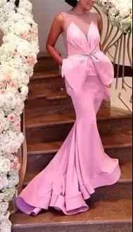 Hot Sale One Shoulder Sleeveless Dress for Prom Asymmetrical Sweep Train Beading and Lace Red and Hot Pink Satin