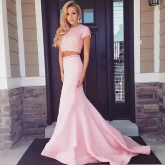 Pink Satin Lace Up Scoop Short Sleeves Prom Dresses Brush Train Beading