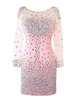 Pink Long Sleeves Mini Length Beading Dress for Prom Scoop