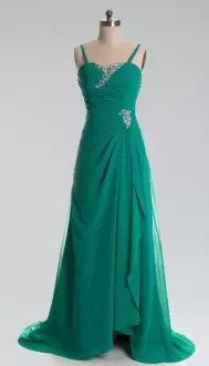 Floor Length Zipper Homecoming Party Dress Green for Prom and Party with Beading Sweep Train