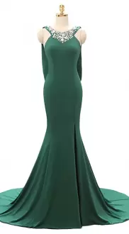 Beauteous Sleeveless Satin Floor Length Sweep Train Lace Up Homecoming Dress Online in Green with Beading and Lace
