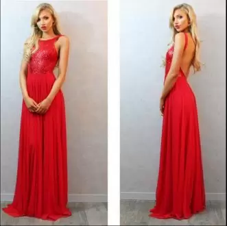 Unique Floor Length Red Prom Dresses Bateau Sleeveless Backless