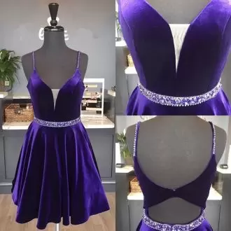 Purple Straps Sleeveless V Sharp Neckline Velvet Short Homecoming Dress