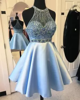 Suitable Blue Sleeveless Beading Mini Length Dress for Prom