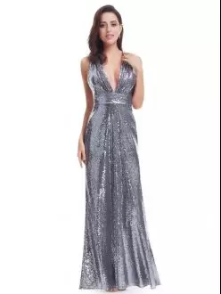 Floor Length Backless Hoco Dress Silver for Prom and Party and Military Ball with Sequins