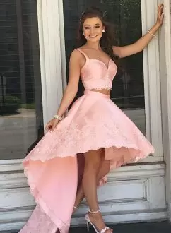 High Low Zipper Prom Gown Pink for Prom and Party and Military Ball with Appliques