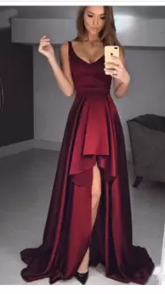 Sleeveless Ruching Lace Up Dress for Prom with Burgundy Sweep Train