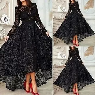 Black Scoop Lace Up Lace Prom Party Dress Long Sleeves