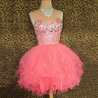 Mini Length Lace Up Evening Dress Pink for Prom and Party and Military Ball with Beading