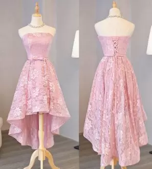 Pink Sleeveless Lace High Low Prom Dresses Homecoming Dress