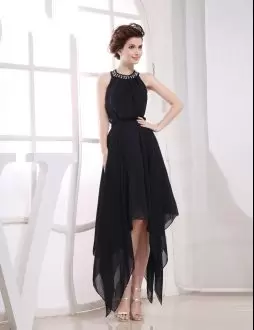 Floor Length Black Prom Party Dress Satin and Chiffon Sweep Train Sleeveless Beading and Lace