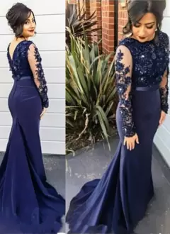 Navy Blue Long Sleeves Brush Train Zipper Prom Gown for Prom and Party