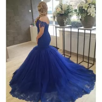 Ideal Blue and Royal Blue Mermaid Beading and Lace Prom Gown Lace Up Satin Sleeveless Floor Length