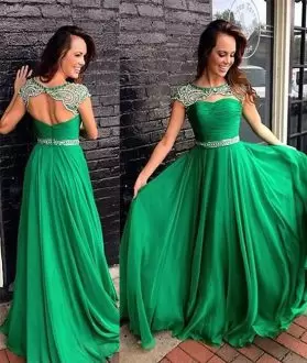 Discount Empire Prom Gown Green Scoop Chiffon Cap Sleeves Floor Length Zipper