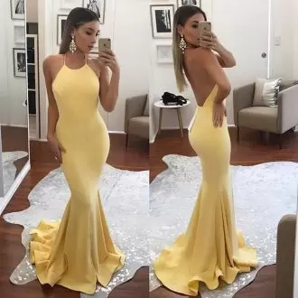 Clearance Halter Top Sleeveless Sweep Train Backless Prom Evening Gown Yellow Satin Ruching