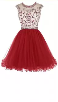 Inexpensive Red Tulle Zipper Evening Dress Sleeveless Mini Length Beading