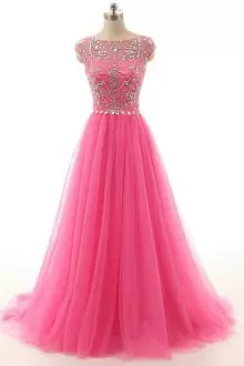 Pink Scoop Illusion Beading Homecoming Dress Brush Train See Though Neckline