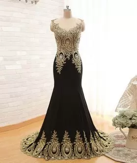 Nice Floor Length Side Zipper Evening Dress Black and Yellow for Prom and Party with Beading and Lace Sweep Train