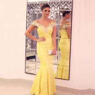 Artistic Yellow Off The Shoulder Neckline Appliques Sleeveless Lace Up