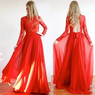 Cute Scoop Long Sleeves Sweep Train Lace Up Prom Dress Red Satin and Organza Beading and Lace