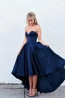 Noble Sleeveless High Low Ruching Lace Up Prom Dresses with Navy Blue
