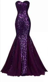 Sweetheart Sleeveless Prom Dresses Floor Length Sequins Dark Purple Tulle