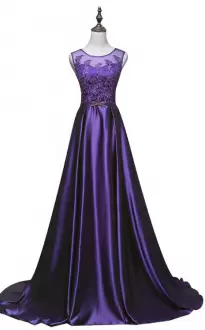 Floor Length Eggplant Purple Homecoming Dress Online Satin Sleeveless Ruching