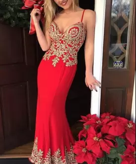 Elegant Red Spaghetti Straps Lace Up Appliques Evening Dress Sleeveless